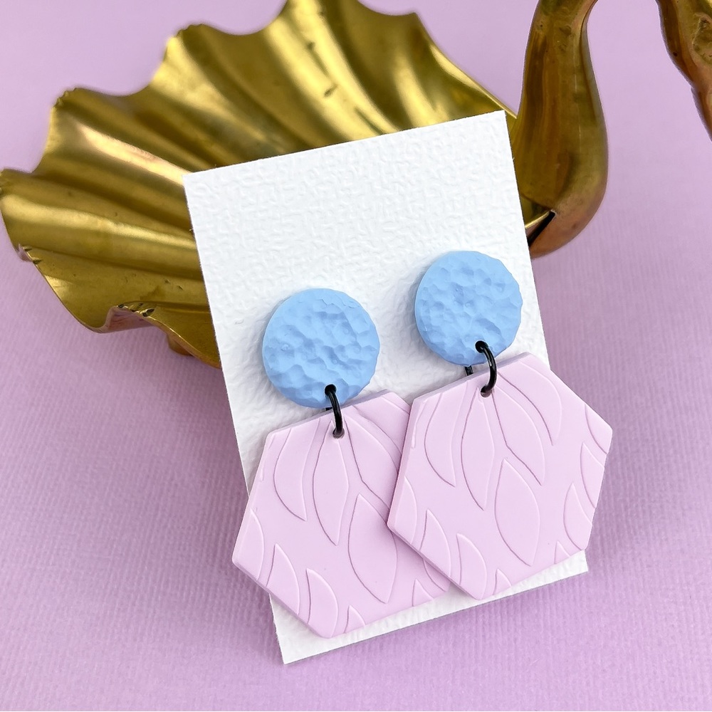 Textured Blue Circle Pink Embossed Hexagon Polymer Clay Earrings